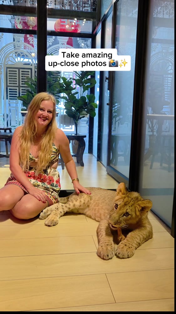 Jeanella seated beside a lion cub at a café